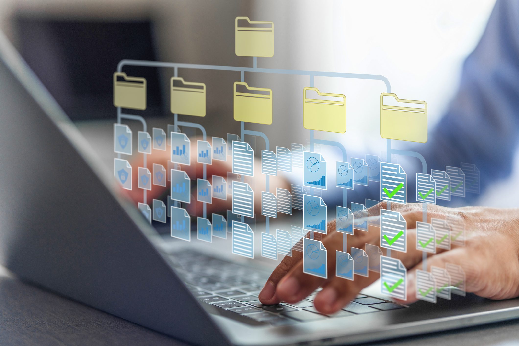 Businessman using computer with online document management system. data storage. important database. organization document management. paperless office.